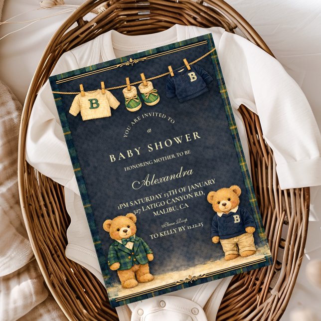 Convite Vintage Teddy Bear Preppy Baby Shower (Criador carregado)