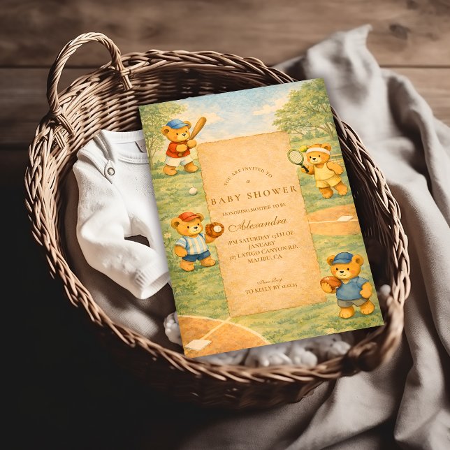 Convite Vintage Teddy Bear Sports Baby Shower (Criador carregado)