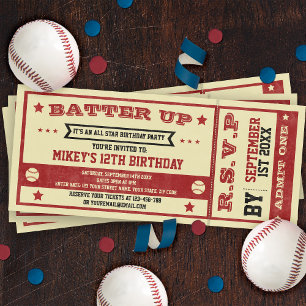 Convite Vintage Ticket Baseball Themed Birthday