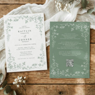 Convite Vintage Toile Floral Francês Verde Salvia Casament