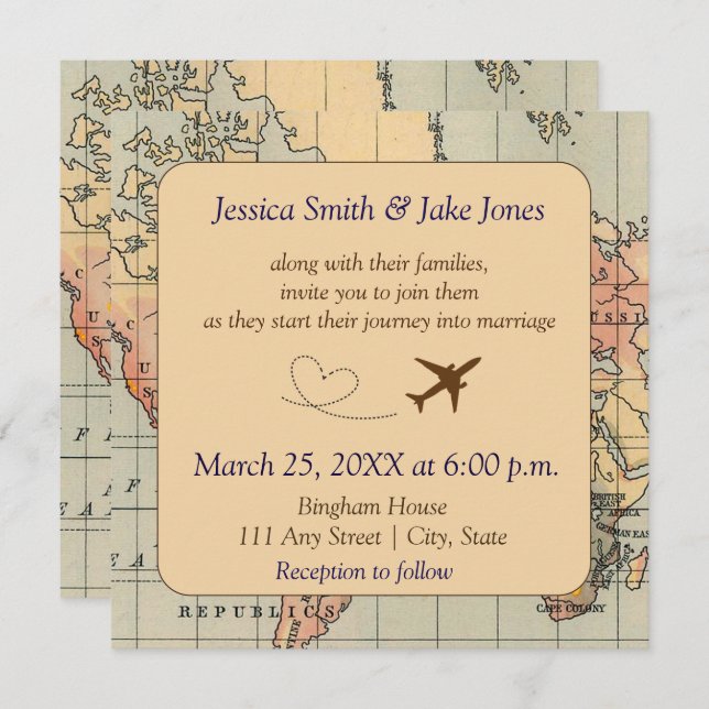 Convite Vintage, Travel Themed Wedding Invite (Frente/Verso)