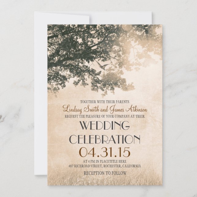Convite Vintage Tree and Love Birds Rustic Country Wedding (Frente)