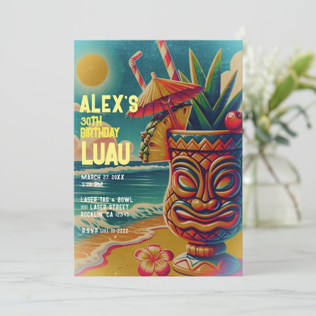 Convite Vintage Tropical Tiki Umbrella Drink Partido Luau (Em pé/Frente)