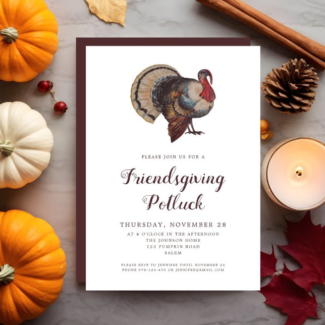 Convite Vintage Turkey Friendship Potluck (Vintage Turkey Friendsgiving Potluck Invitation)