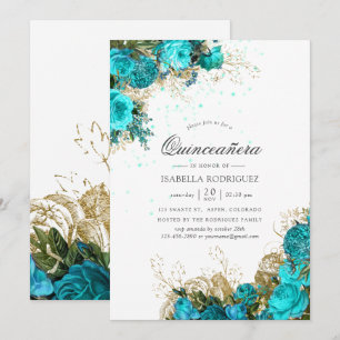 Convite Vintage Turquesa & Dourado Shabby Floral Quinceañe