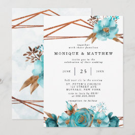 Convite Vintage Turquoise e Dourada Peony Geométrico Invit
