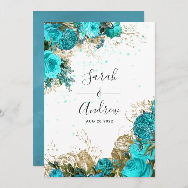 Convite Vintage Turquoise e Dourada Shabby Wedding (Frente/Verso)