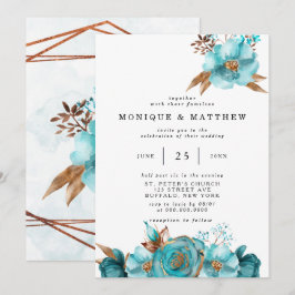 Convite Vintage Turquoise e Peony Geométrico Dourada
