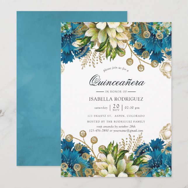 Convite Vintage Turquoise e Shabby Floral Quinceañera (Frente/Verso)