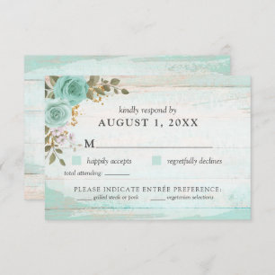 Convite Vintage Turquoise Rustic Wood Floral RSVP Card