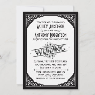 Convite Vintage Typografia Scroll Black White Casamento