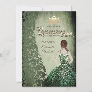 Convite Vintage verde damask tiara Quinceañera