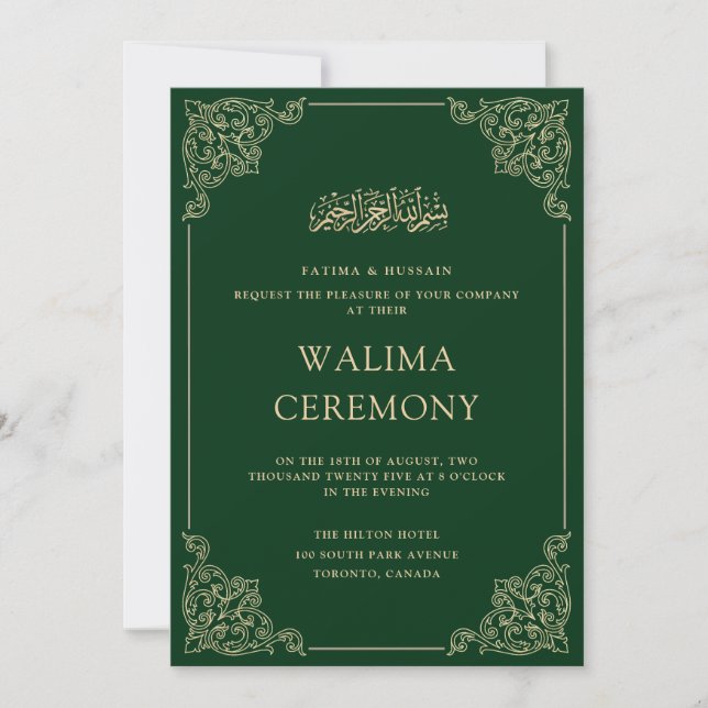 Convite Vintage Verde Dourada Frame Walima Ceremony Recepç (Frente)