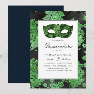 Convite Vintage Verde e Preto Mascarada Quinceañera
