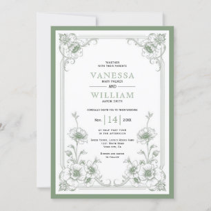 Convite Vintage verde elegante quadro floral Código QR cas