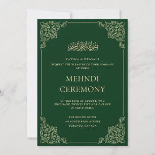 Convite Vintage Verde Frame Henna Mehndi Cerimônia Dourada