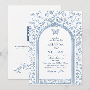 Convite Vintage Victorian Floral Dusty Blue Sketch Casamen