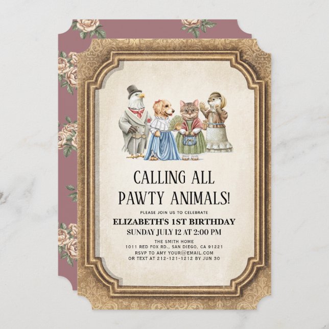 Convite Vintage Victorian Pawty Animal Girl Aniversário (Frente/Verso)