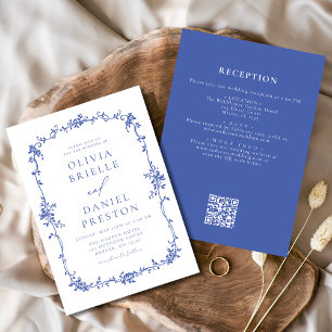 Convite Vintage Vintage Código QR Azul Casamento Floral