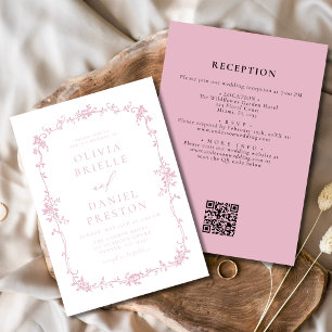 Convite Vintage Vintage Código QR Casamento Floral Cor-de-