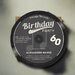 Convite Vintage Vinyl Record Black White 70s 60th Birthday<br><div class="desc">Um elegante modelo de 60º convite de aniversário, com temas musicais, divertido, em forma de um registro vinílico com notas musicais, que apresenta um fundo preto e cinza texturizado e o título "Festa de aniversário" em ranhura, letra de estilo 70s. Você pode editar totalmente este modelo. Um convite de aniversário...</div>