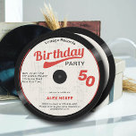 Convite Vintage Vinyl Record Black White Red 50th Birthday<br><div class="desc">Um elegante modelo de 50º convite de aniversário com temas musicais, divertido, em forma de um registro de vinil com notas musicais, que apresenta um fundo preto e cinza texturizado e o título "Festa de aniversário" em ranhura, letra de estilo de 70s. Você pode editar totalmente este modelo. Um convite...</div>