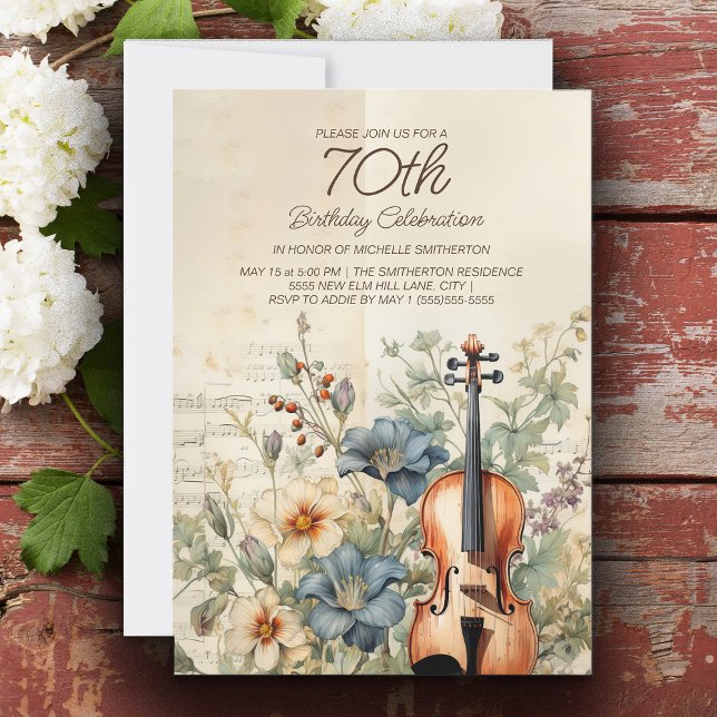 Convite Vintage Violin Dusty Blue Flowday (Vintage violin 70th birthday party invitation )