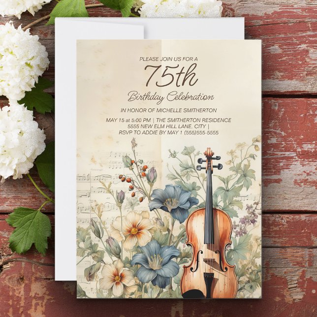 Convite Vintage Violin Dusty Blue Flowers 75º Aniversário (Vintage violin 75th birthday party invitation for women)