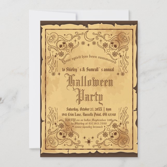 Convite Vintage, vitoriano, festa de bruxas gótica (Frente)