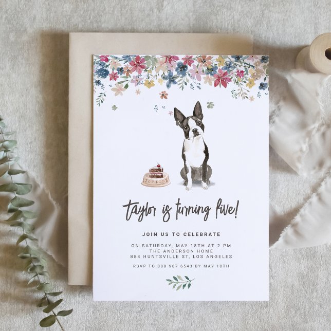 Convite Vintage Watercolor Boston Terrier Dog Birthday (Celebrate your furry friend’s special day with our charming dog birthday invitation.)