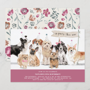 Convite Vintage Watercolor Cães Cutes Burgundy Aniversár