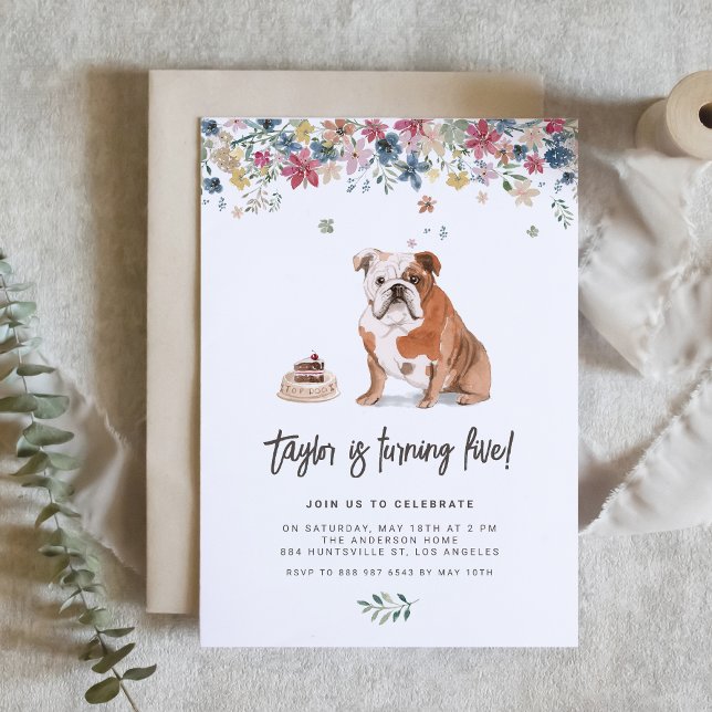 Convite Vintage Watercolor - Festa de aniversário Inglesa (Celebrate your furry friend’s special day with our charming English bulldog birthday invitation.)