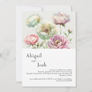 Convite Vintage Watercolor Peonies Modern Wedn