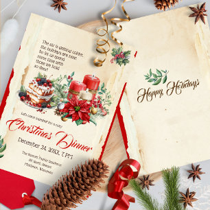 Convite Vintage Watercolor Pines Red Poinsettia Natal