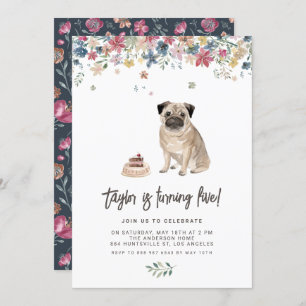 Convite Vintage Watercolor Pug Dog Festa de aniversário