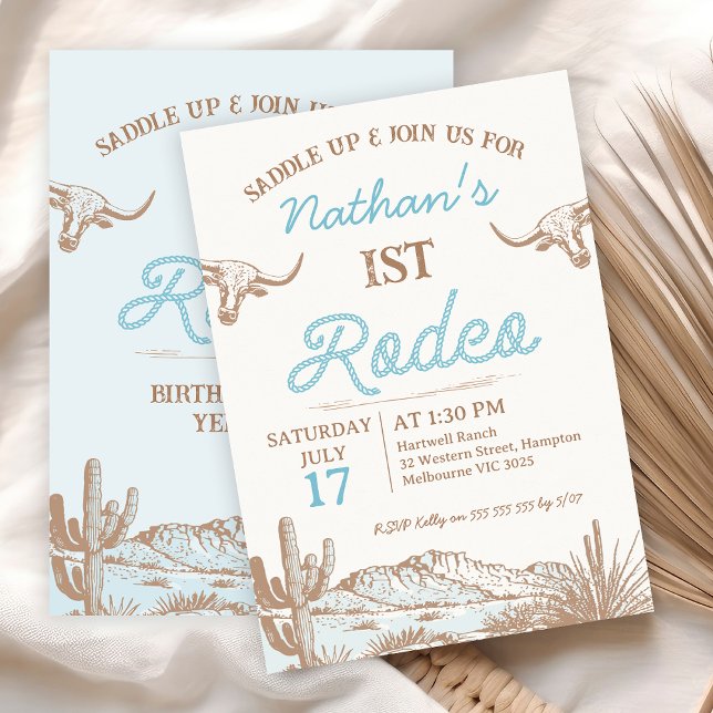 Convite Vintage Western Cowboy Primeiro primeiro aniversar (Boys Rustic 1st Rodeo Birthday Invitation, First Rodeo Birthday Invitation Boy, Blue Brown Desert)