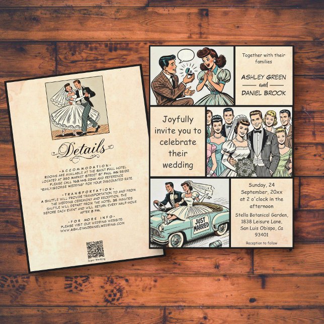 Convite Vintage Whimsical Bride e Groom Comic Wedding (Criador carregado)