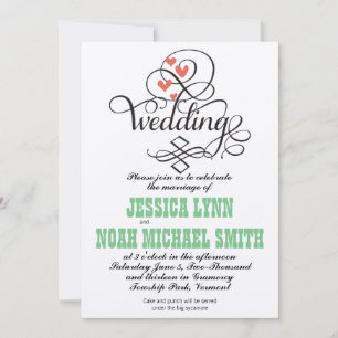Convite Vintage Whimsical Hearts Green Coral Invitation