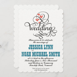 Convite Vintage Whimsical Hearts Teal and Coral Invitation