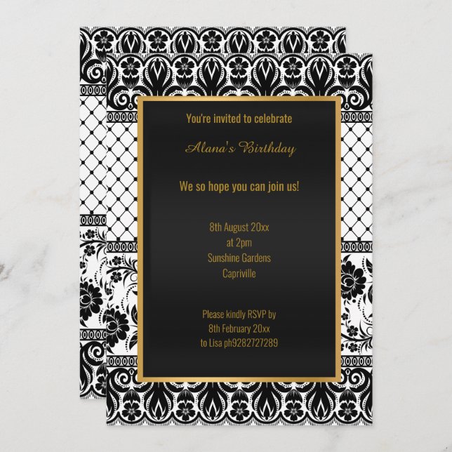 Convite Vintage White BLACK Lace Ocasionalmente (Frente/Verso)