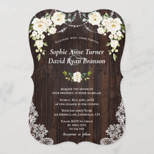 Convite Vintage White Cream Flowers Wood Lace Casamento