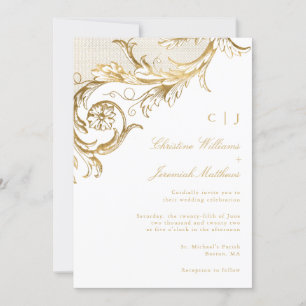 Convite Vintage White Dourado Floral Damask Monograma Casa