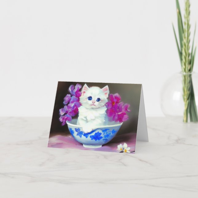 Convite Vintage White Kitten com Flores Rosa (Frente)