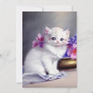 Convite Vintage White Kitten com Flores Rosa e Púrpura