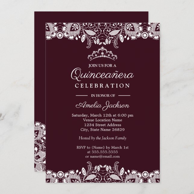 Convite Vintage White Lace Burgundy Quinceanera (Frente/Verso)