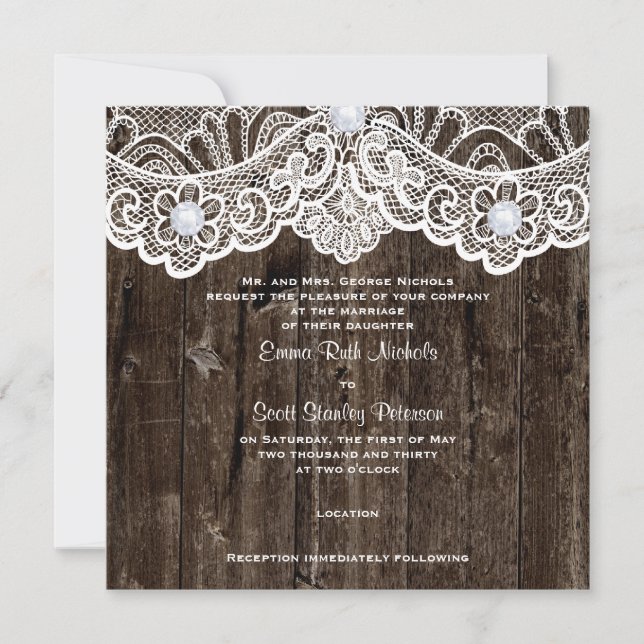 Convite Vintage White Lace no casamento da madeira marrom (Frente)