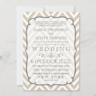 Convite Vintage White Tan Neutral Chevron Stripes Casament