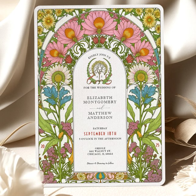 Convite Vintage Wildflower Art Nouveau Wedding (Criador carregado)