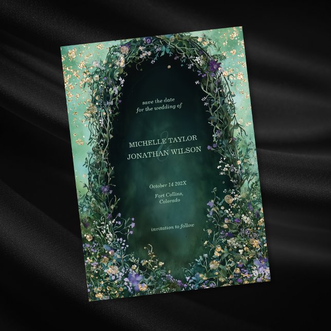 Convite Vintage Wildflower Encantada Floresta Salva Data (emerald green enchanted forest with purple flowers wedding invitation)