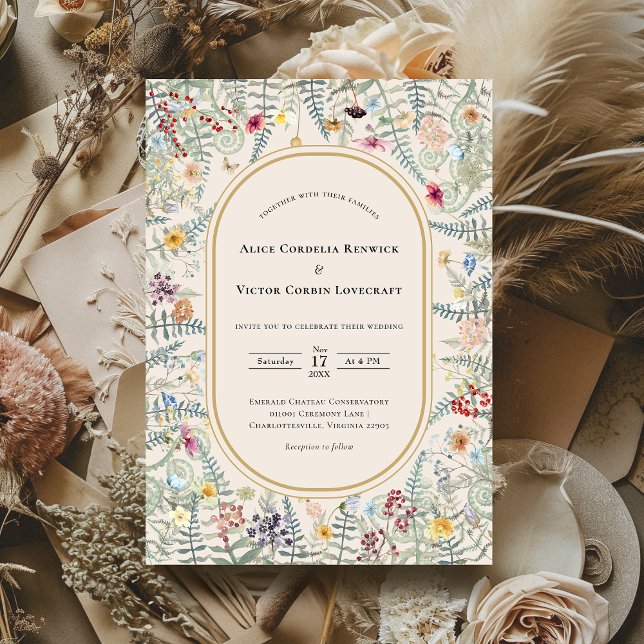 Convite Vintage Wildflower Fern Beige Wedding (Criador carregado)